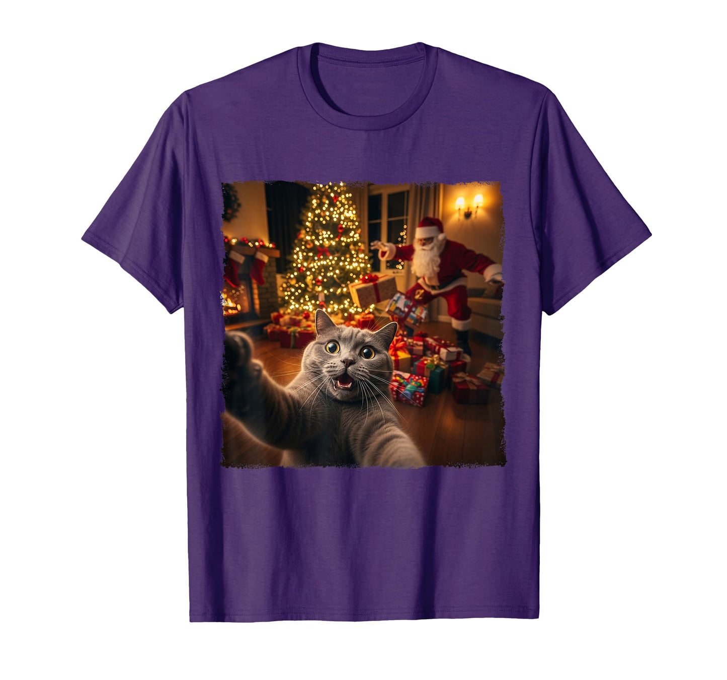 Christmas Funny Cat Selfie with Santa Claus Holiday Fun Xmas T-Shirt