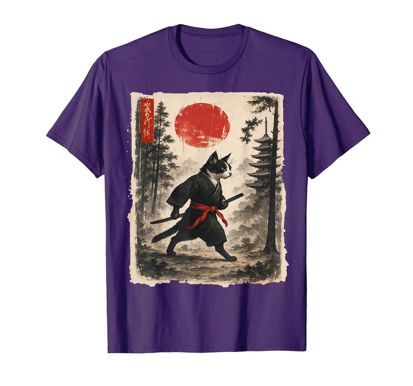 Samurai Cat Graphic Tee Warrior Vintage Japanese Art T-Shirt