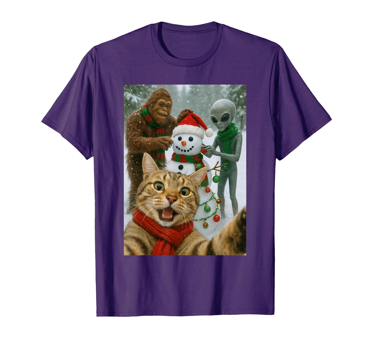 Funny Christmas Cat Selfie with Bigfoot Alien & Snowman T-Shirt