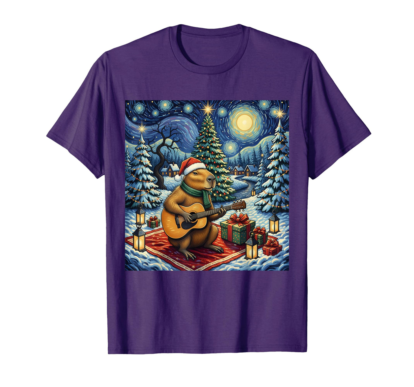 Capybara Playing The Guitar Van Gogh Style Christmas Themed T-Shirt