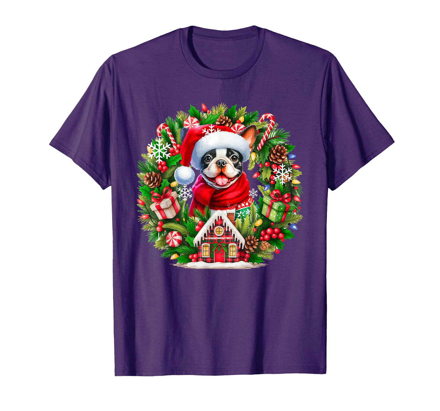 Santa Boston Terrier Christmas Floral Circle Owner Kids T-Shirt
