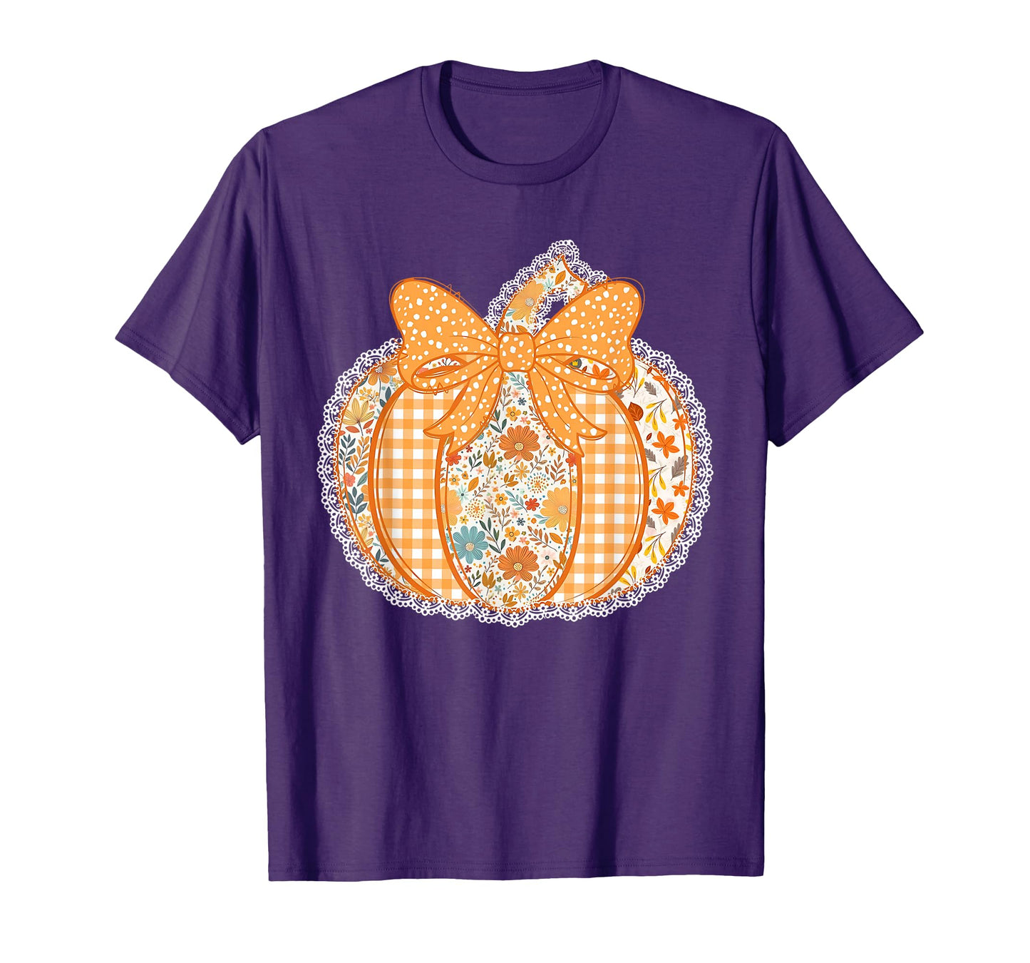 Vintage Patchwork Pumpkin Bow Women Girls Autumn Fall Gift T-Shirt