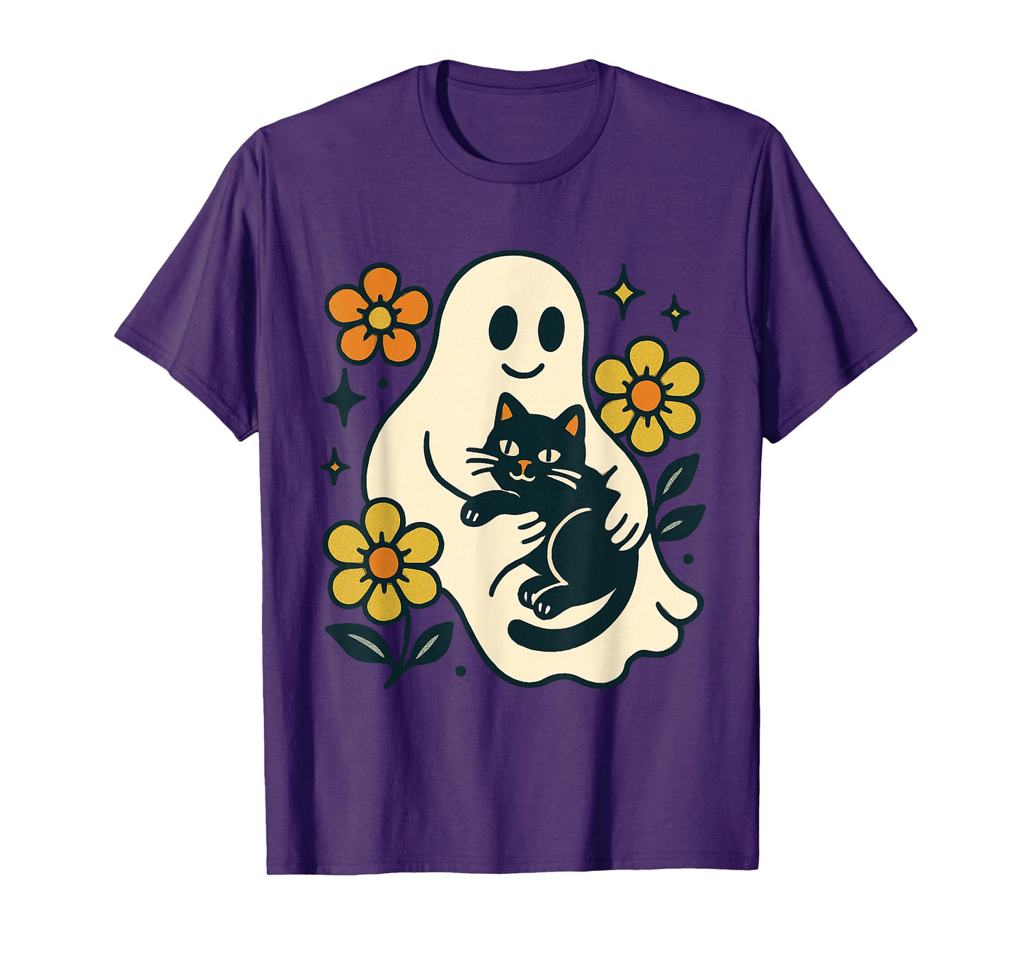 Vintage Halloween Ghost Holding Black Cat Groovy Floral T-Shirt