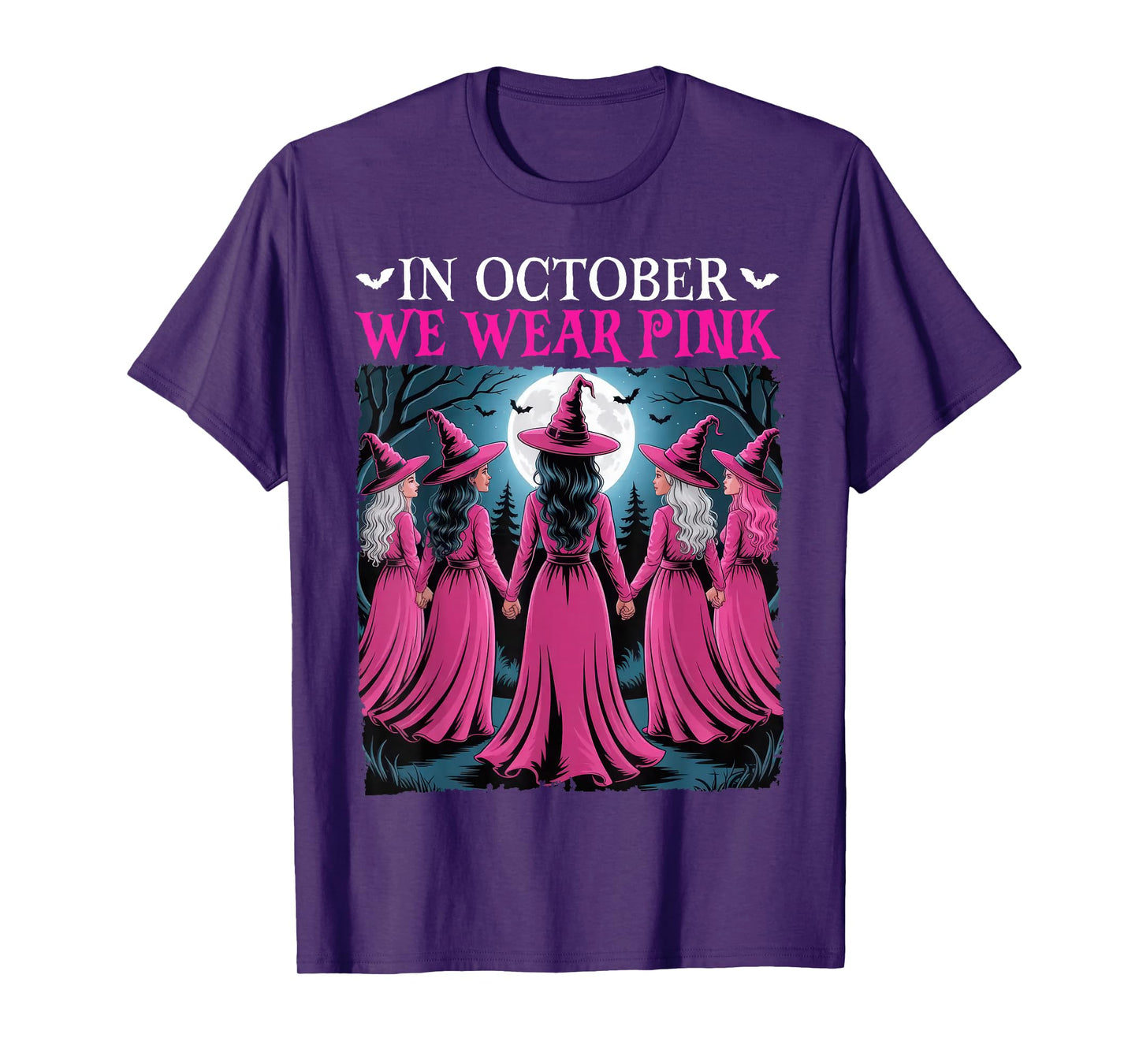 in October We Wear Pink Witch Halloween Breast Cancer Women T-Shirt