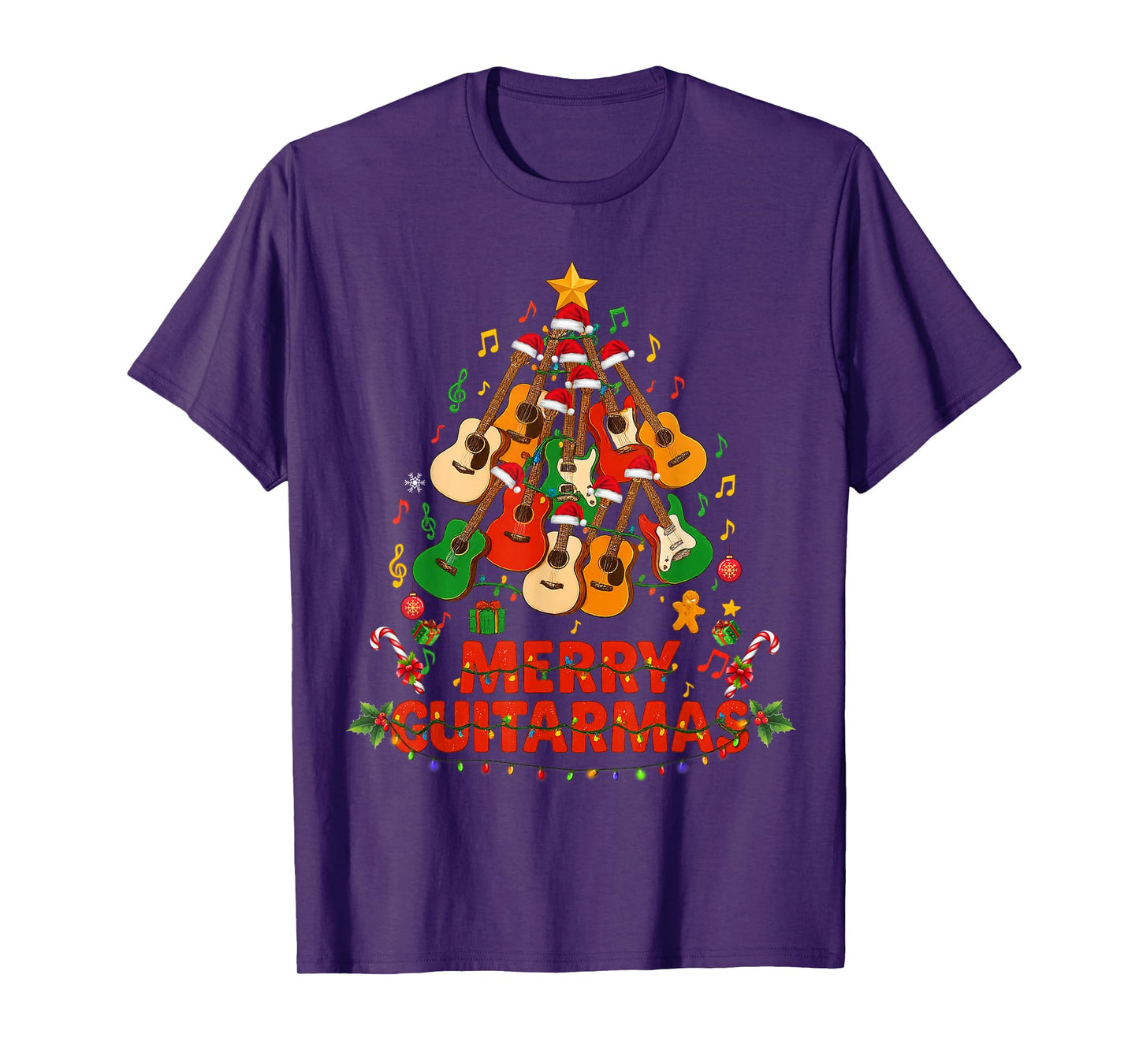 Guitar Santa Hat Christmas Tree Funny Music Loves Xmas Gifts T-Shirt