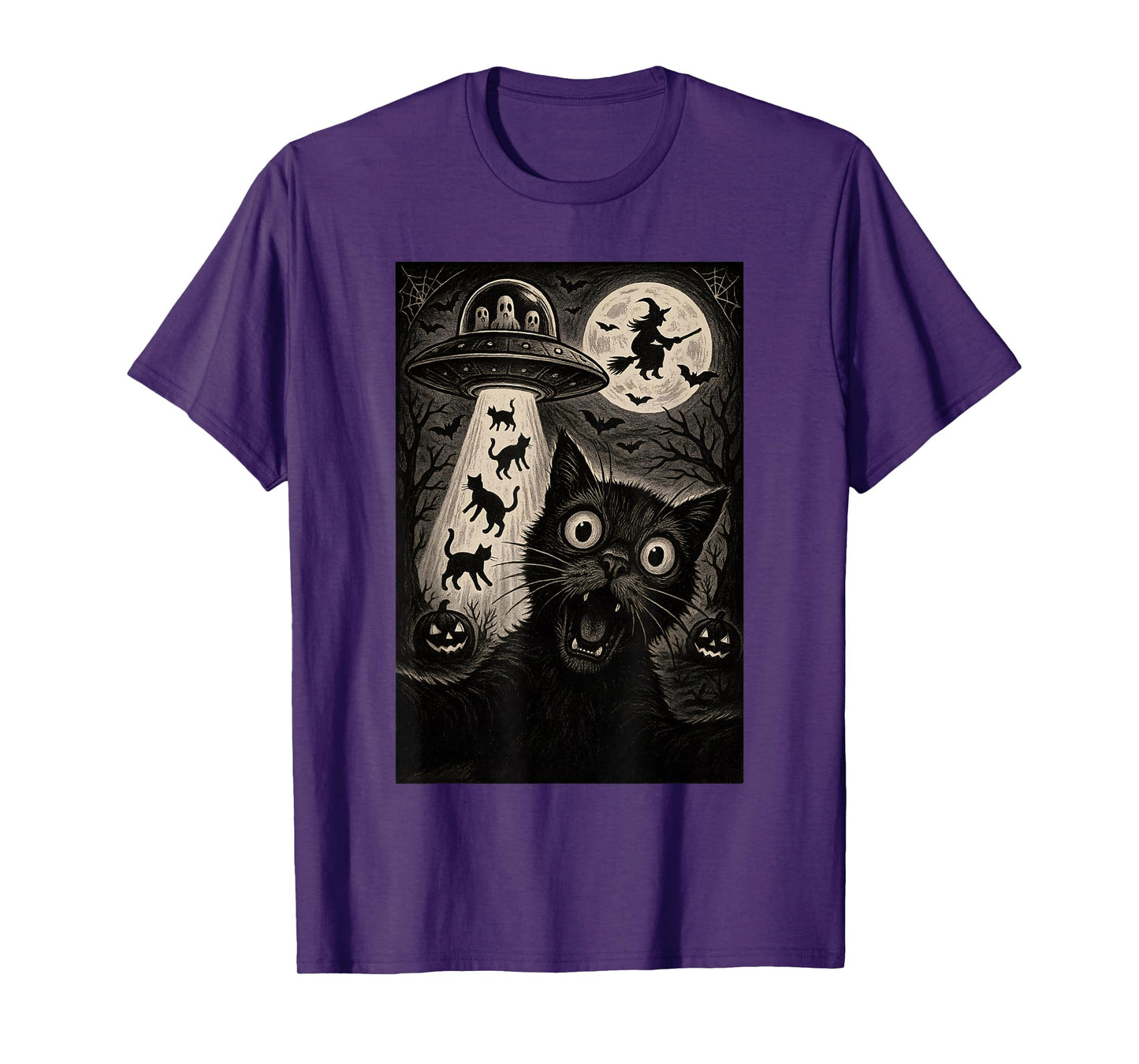 Halloween Cat Selfie Spooky Night Alien Abduction Cats UFO T-Shirt