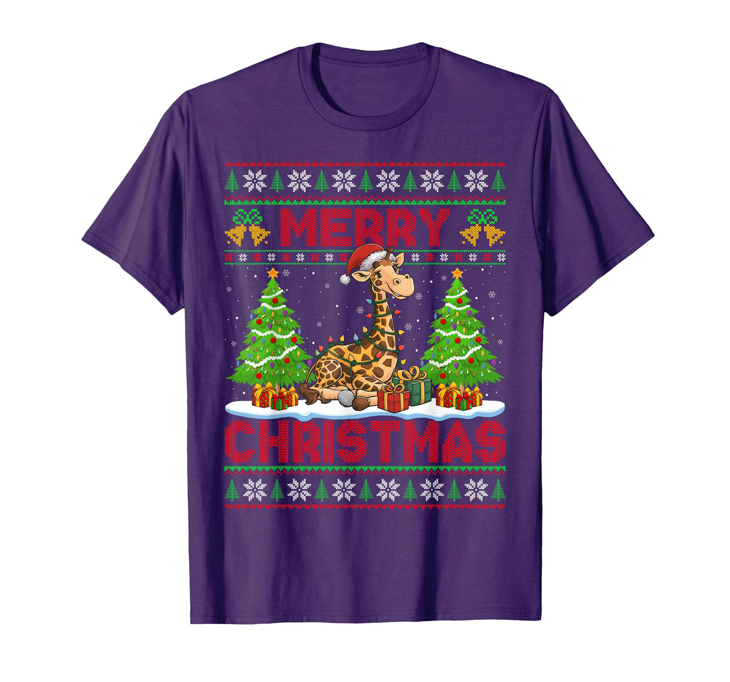 Giraffe Ugly Christmas Sweaters Funny Santa Hat Lights Xmas T-Shirt