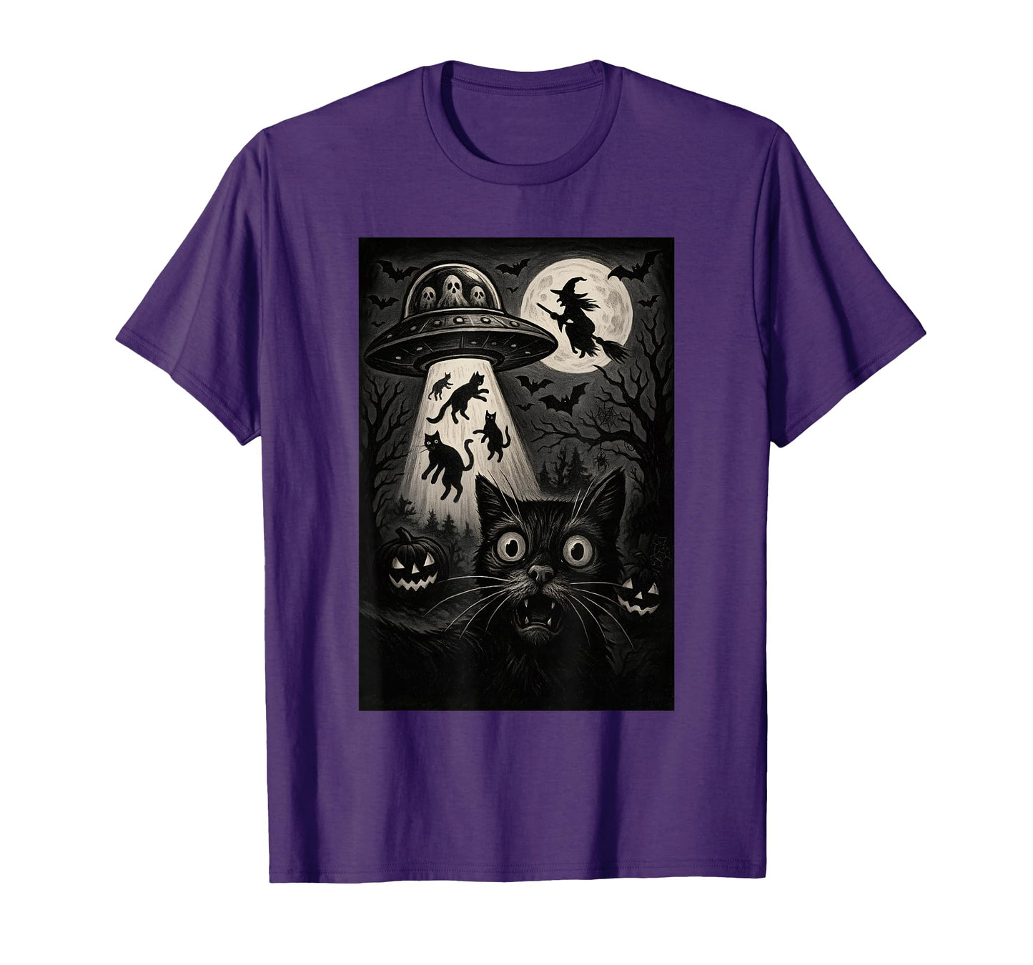 Halloween Cat Selfie Scary Alien Abduction Cats UFO Flying T-Shirt