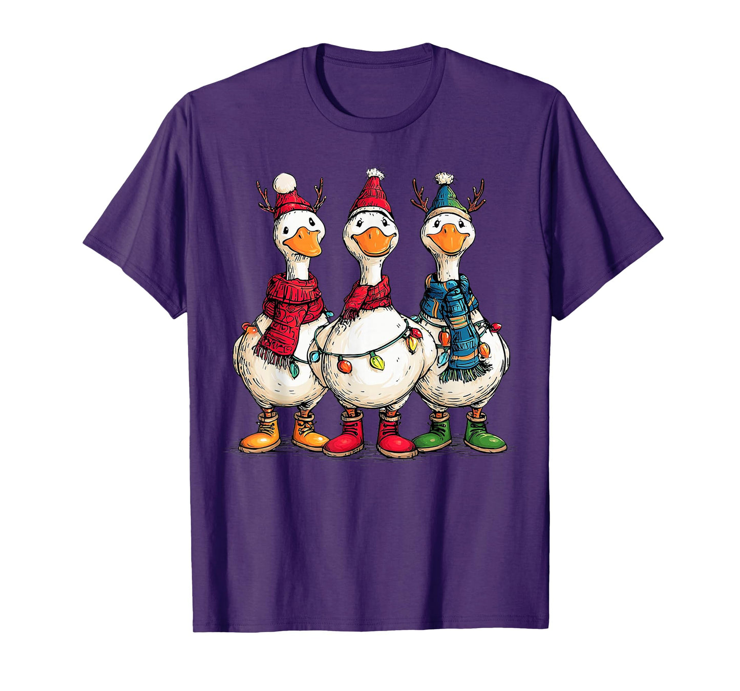 Funny Christmas Goose with Santa Hats Scarves and Lights T-Shirt