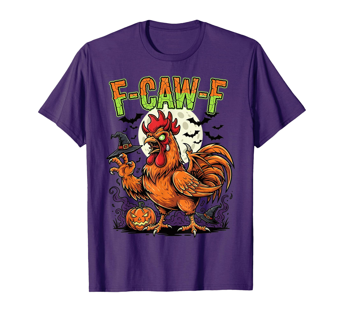 Halloween Rooster Monster Pumpkin Moon Bats Horror T-Shirt