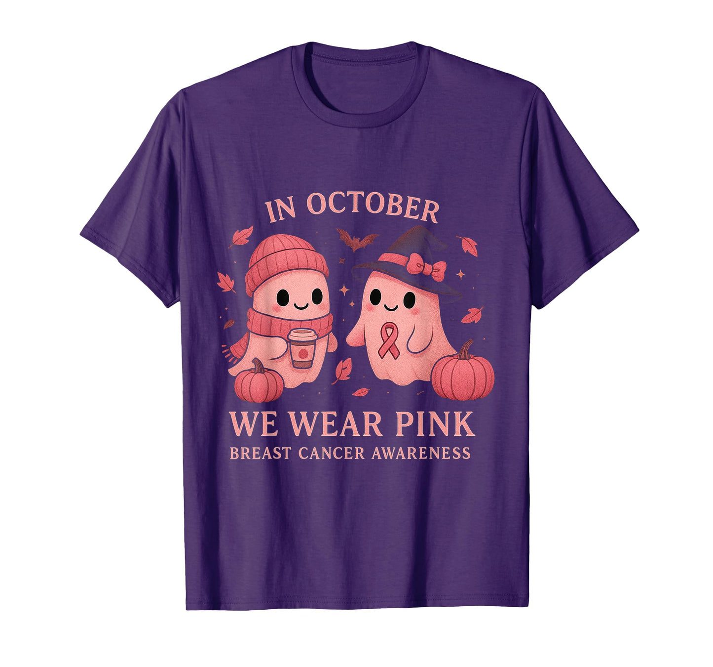 in October We Wear Pink Breast Cancer Awareness Ghosts T-Shirt