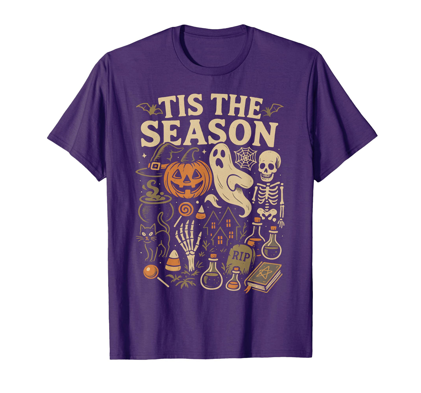 Vintage Halloween Season Skeleton Pumpkin Witch Book Potions T-Shirt