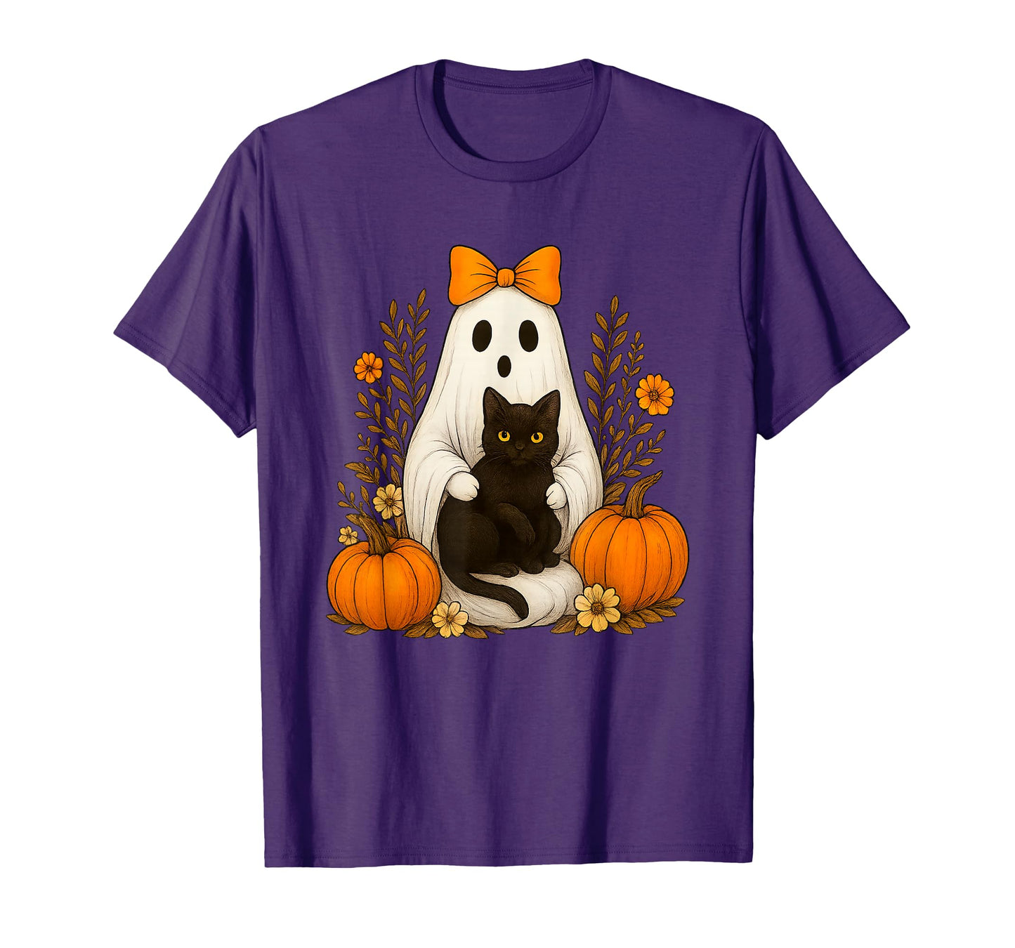 Halloween Ghost Holding Black Cat Groovy Floral Cute Boo T-Shirt