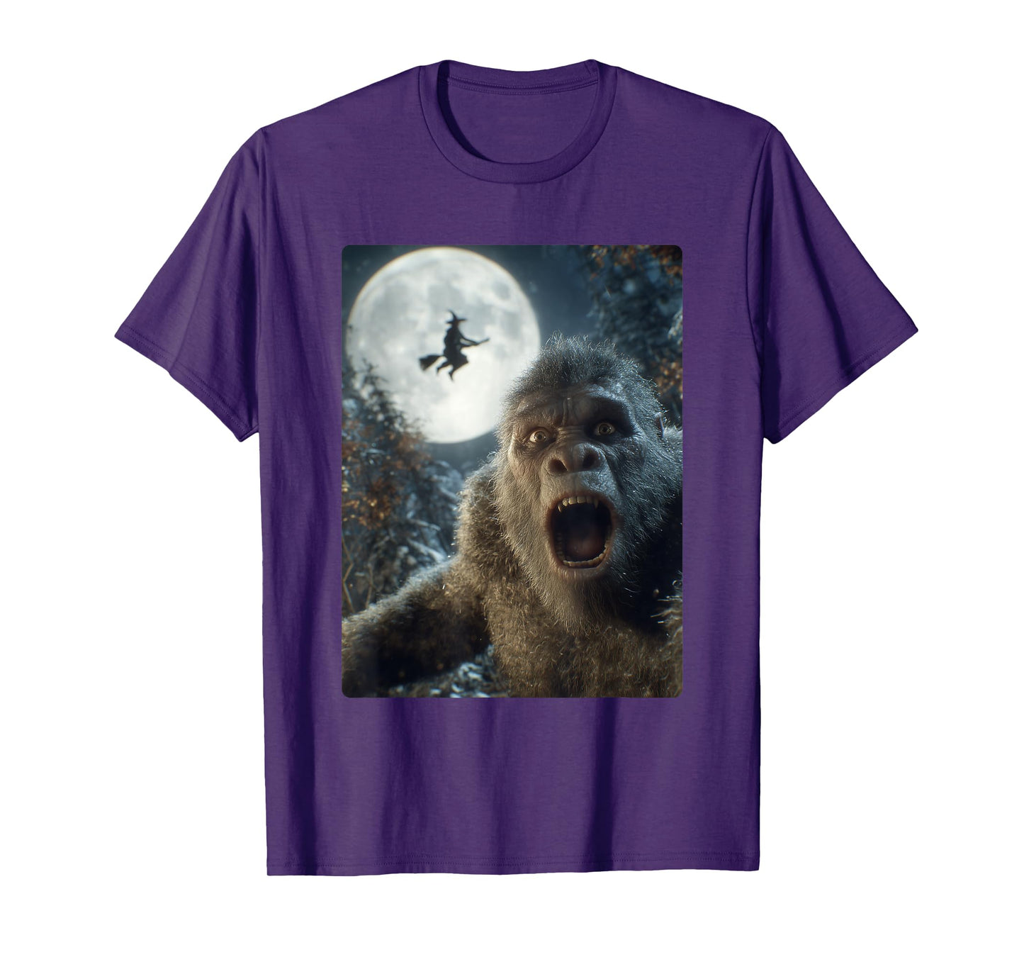 Funny Bigfoot Selfie Full Moon Flying Witch Forest Halloween T-Shirt