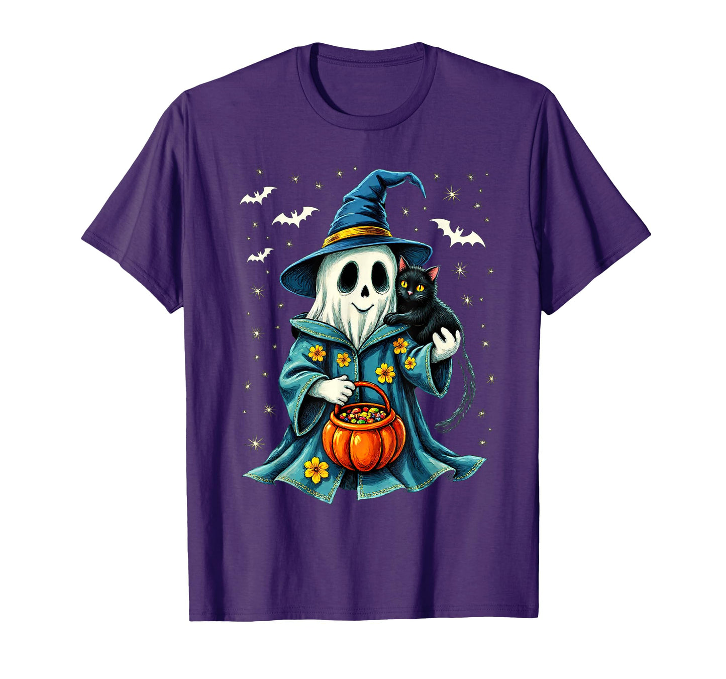 Ghost Holding Black Cat Lover Halloween 2025 Groovy Floral T-Shirt