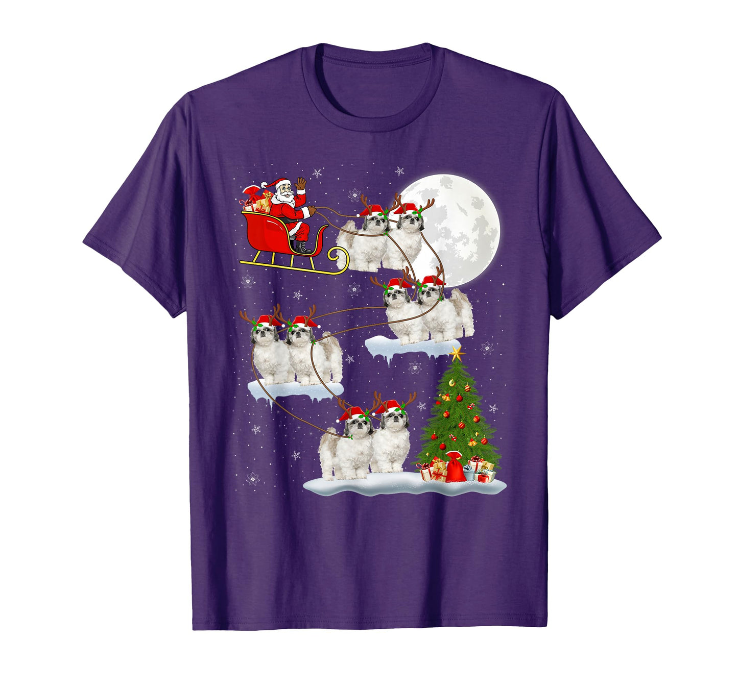 Shih Tzu Dog Santa Sleigh Flying Funny Magical Christmas T-Shirt