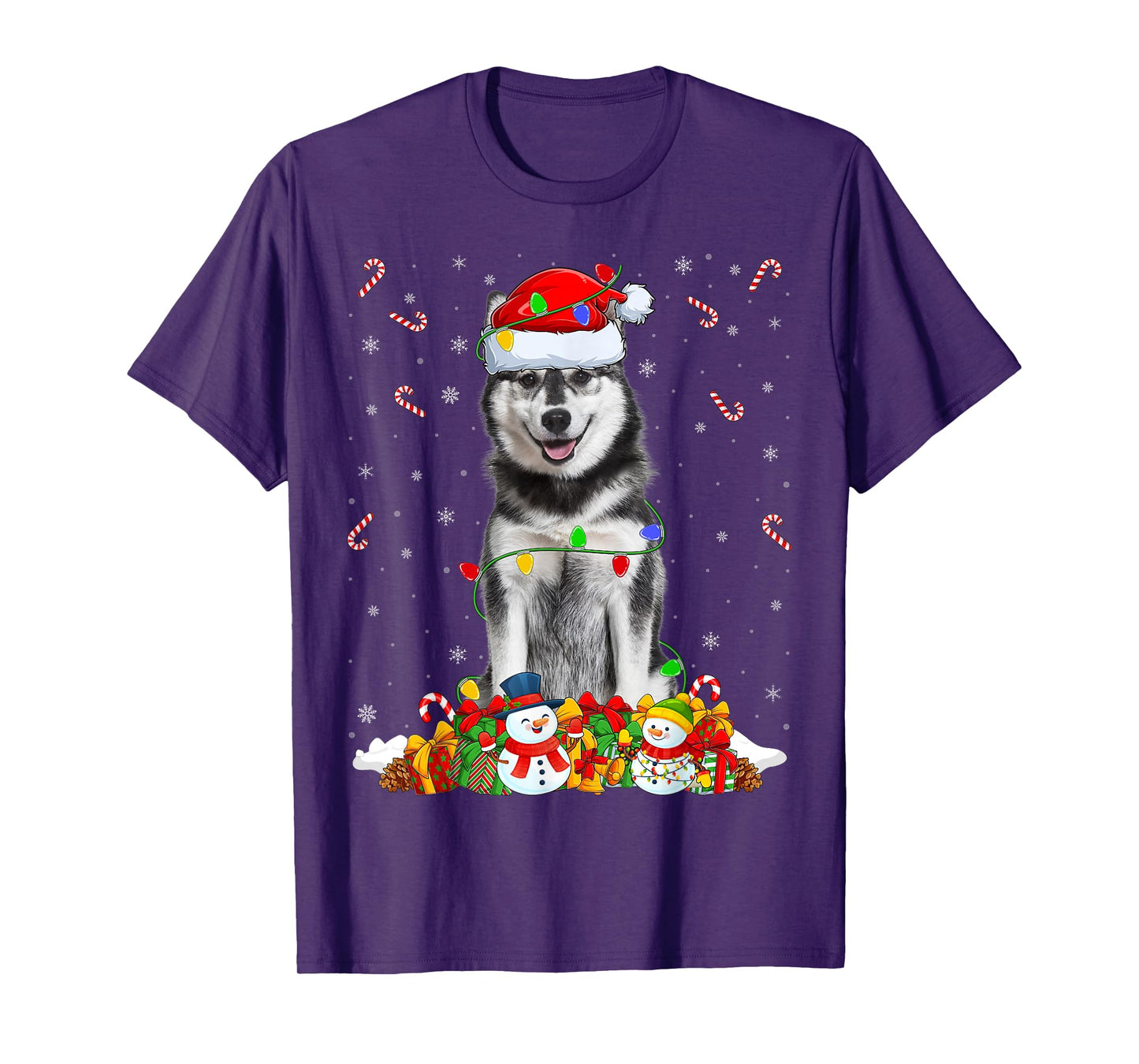 Siberian Husky Dog Christmas Lights Funny Santa Hat Xmas T-Shirt