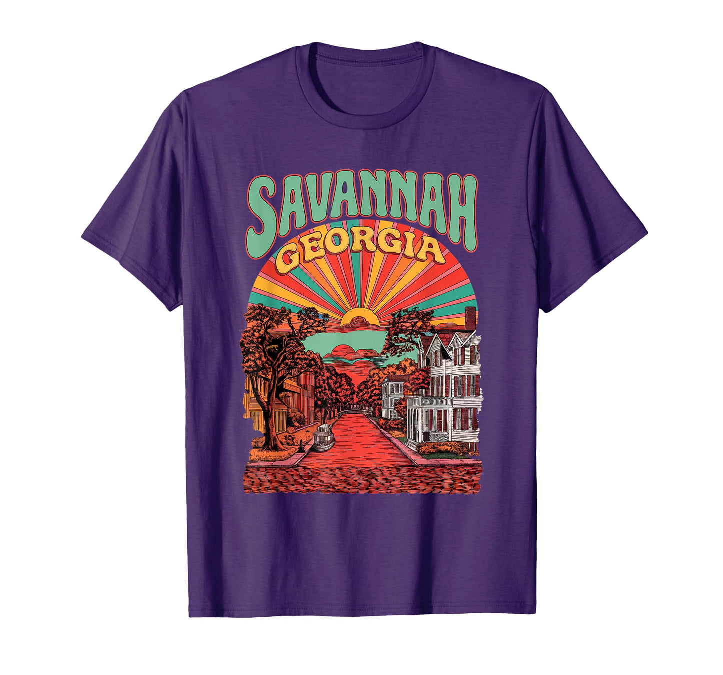 Vintage Savannah Georgia Sunset Skyline Cityscape Retro T-Shirt