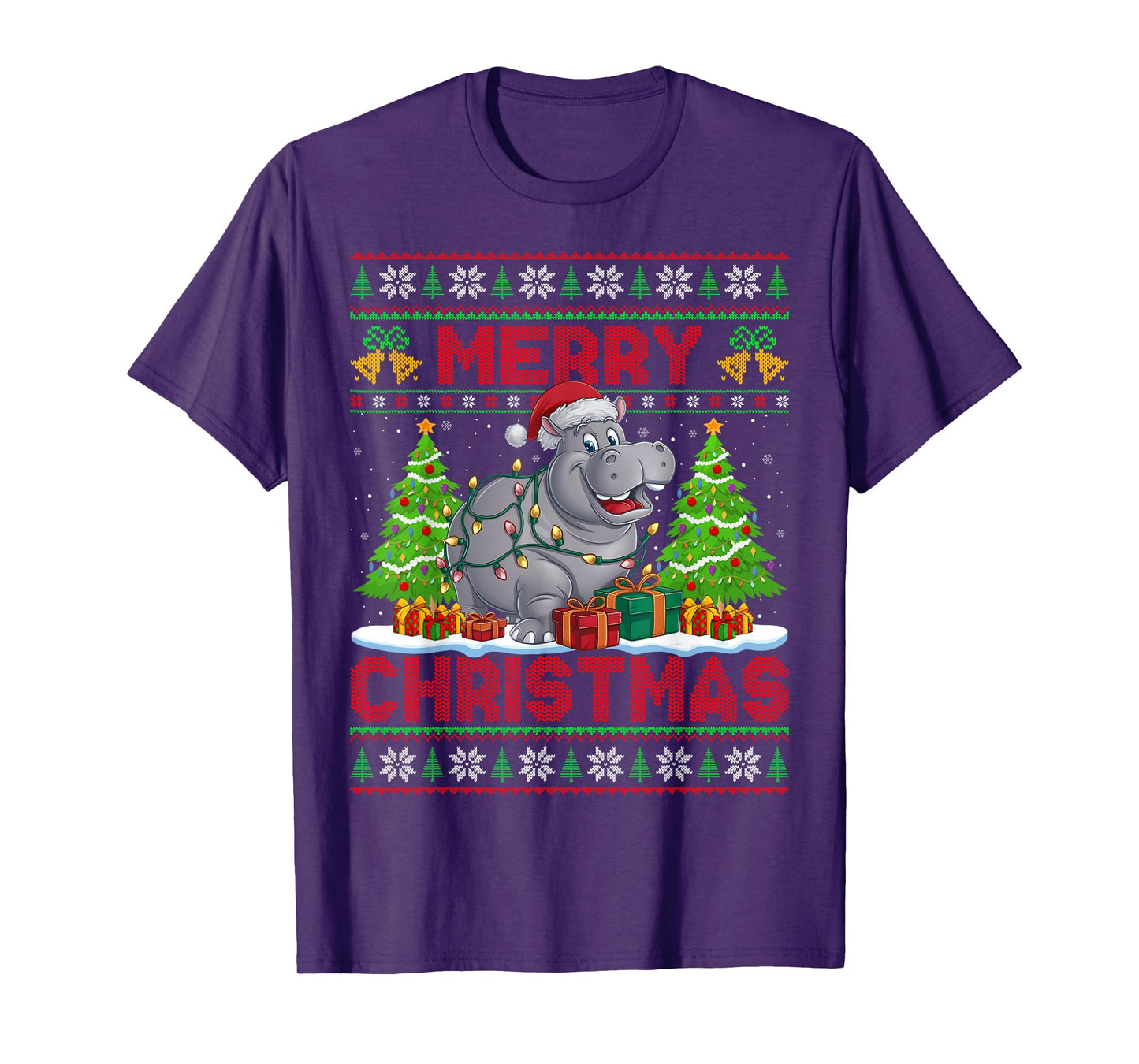 Hippo Ugly Christmas Sweaters Funny Santa Hat Lights Xmas T-Shirt