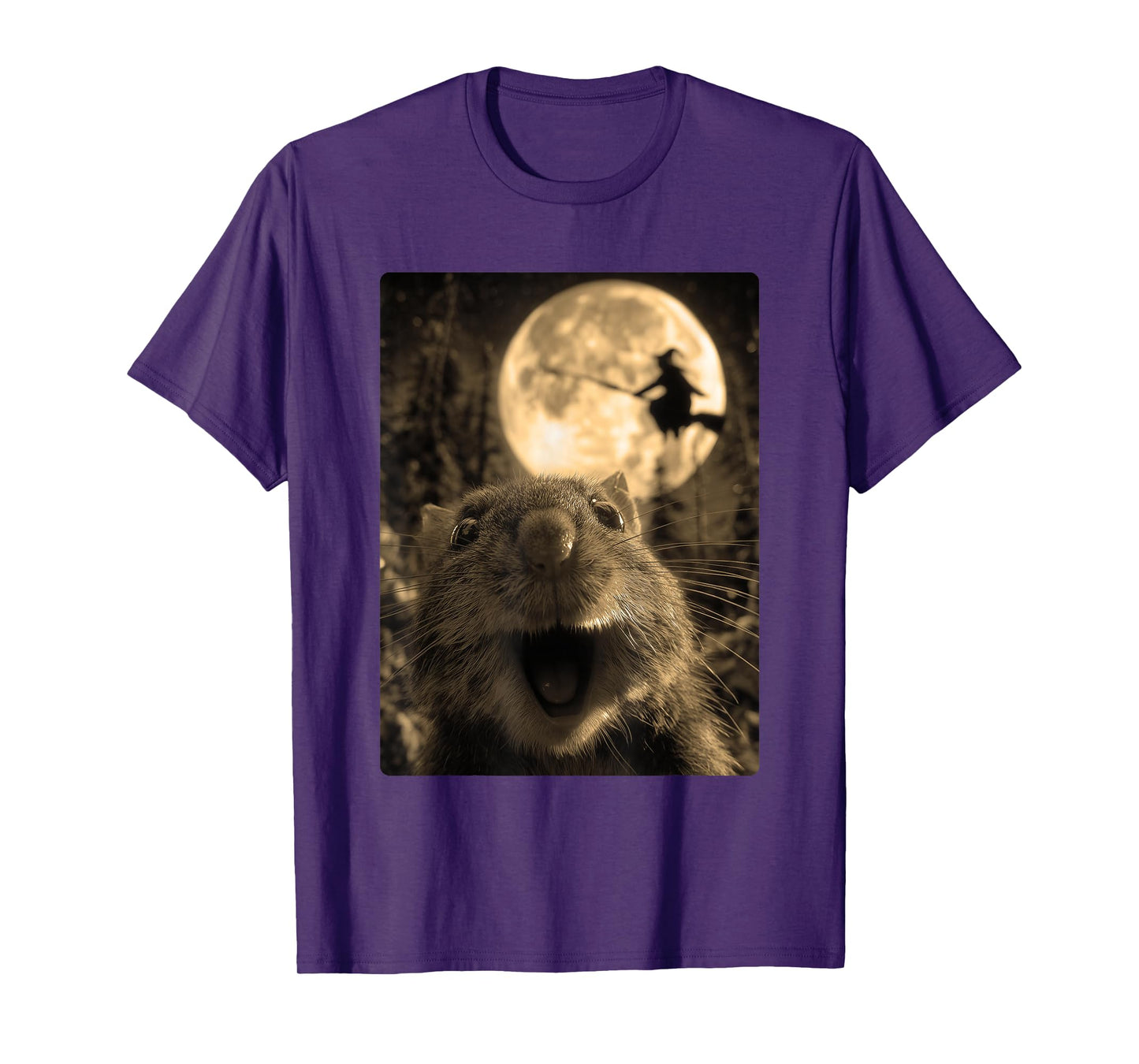 Funny Hamster Selfie Full Moon Flying Witch Forest Halloween T-Shirt