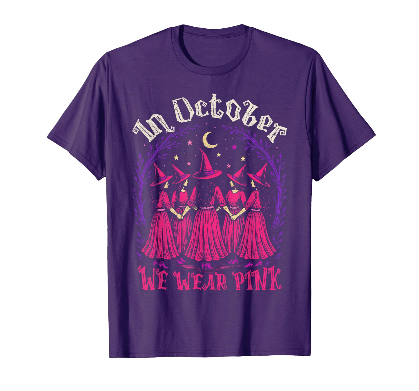 Retro in October We Wear Pink Witch Breast Cancer Awareness T-Shirt