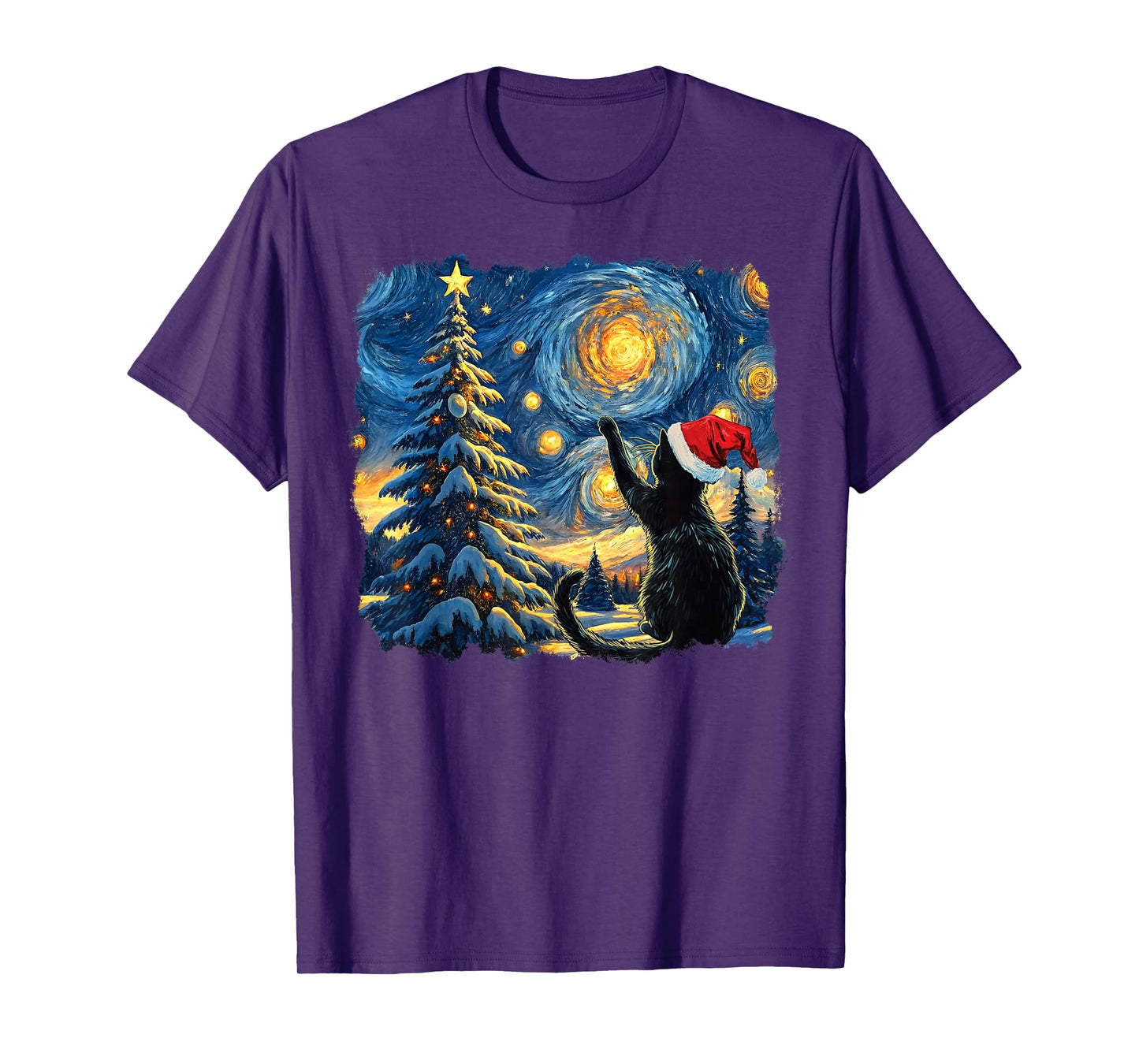 Cat Starry Night Van Gogh Christmas Black Cat Santa Hat T-Shirt