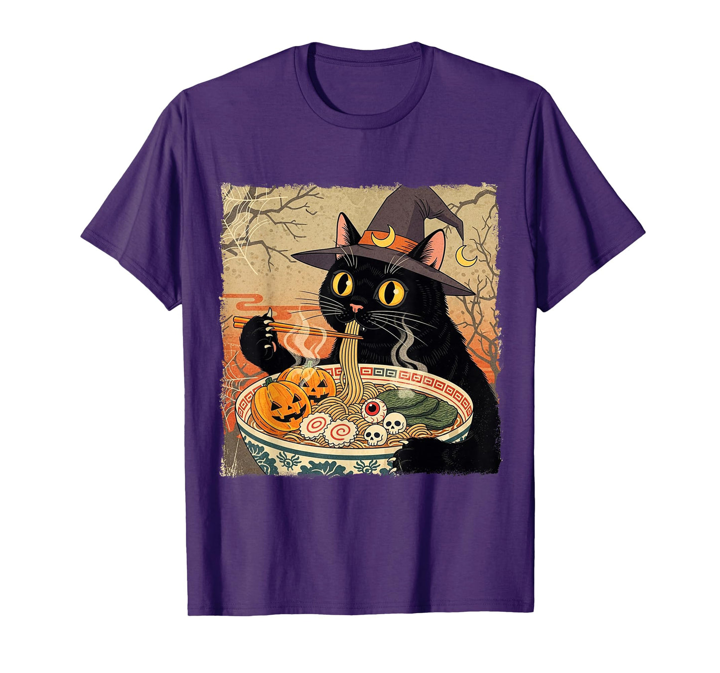 Funny Spooky Ramen Witch Cat Retro Japanese Halloween T-Shirt