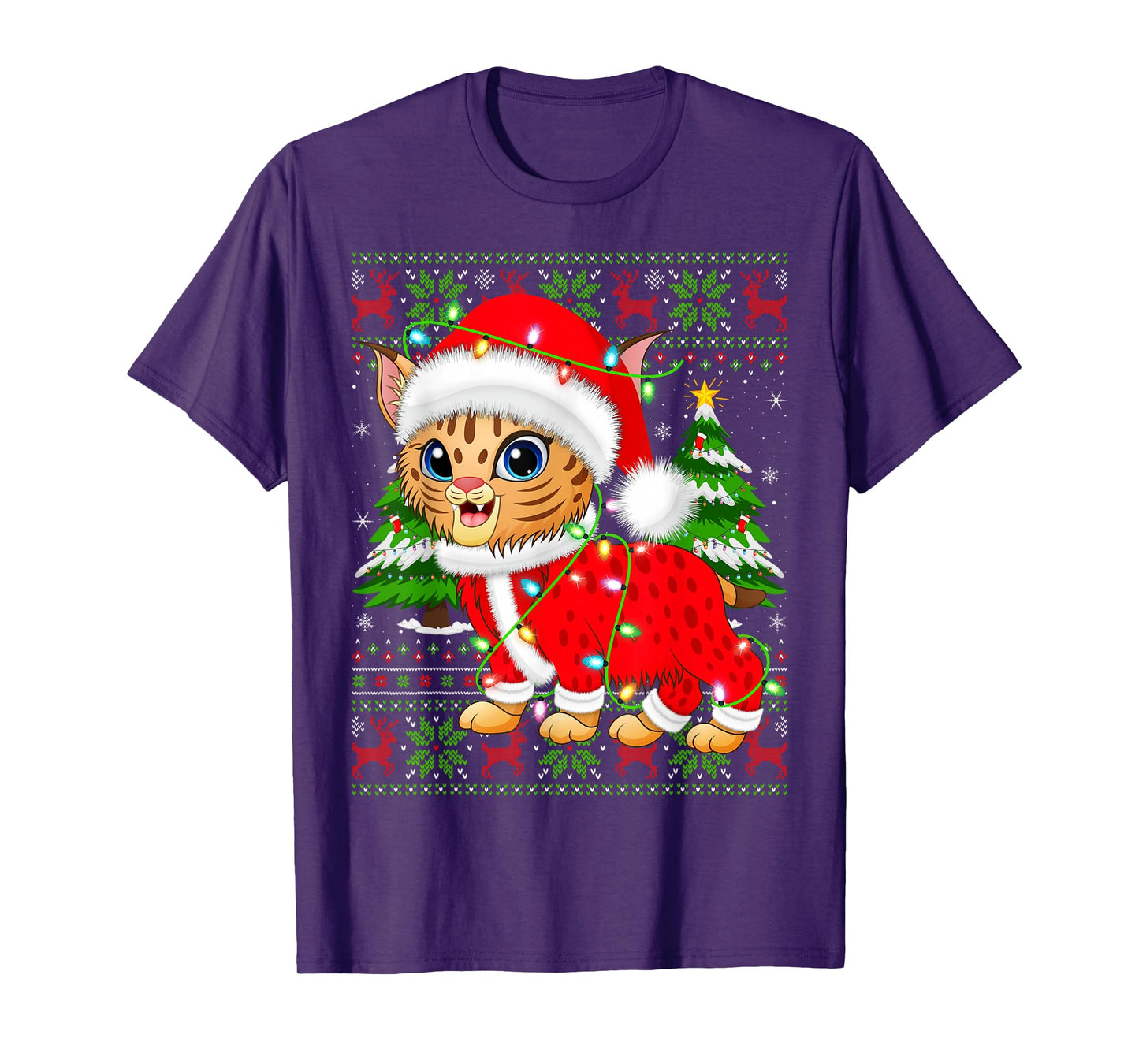 Bobcat Lynx Christmas Lights Santa Costume Ugly Xmas Sweater T-Shirt