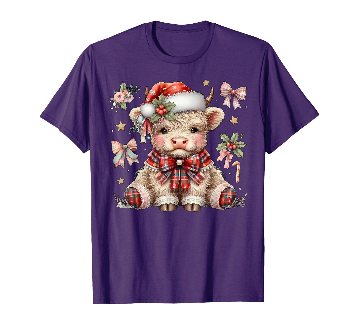Patchwork Coquette Christmas Highland Cow Santa Hat Western T-Shirt