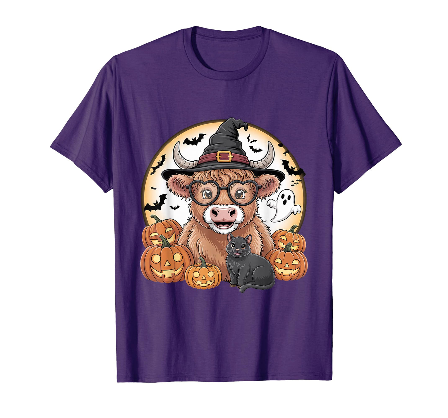 Cute Highland Cow Witch Halloween Pumpkin Black Cat Ghost T-Shirt