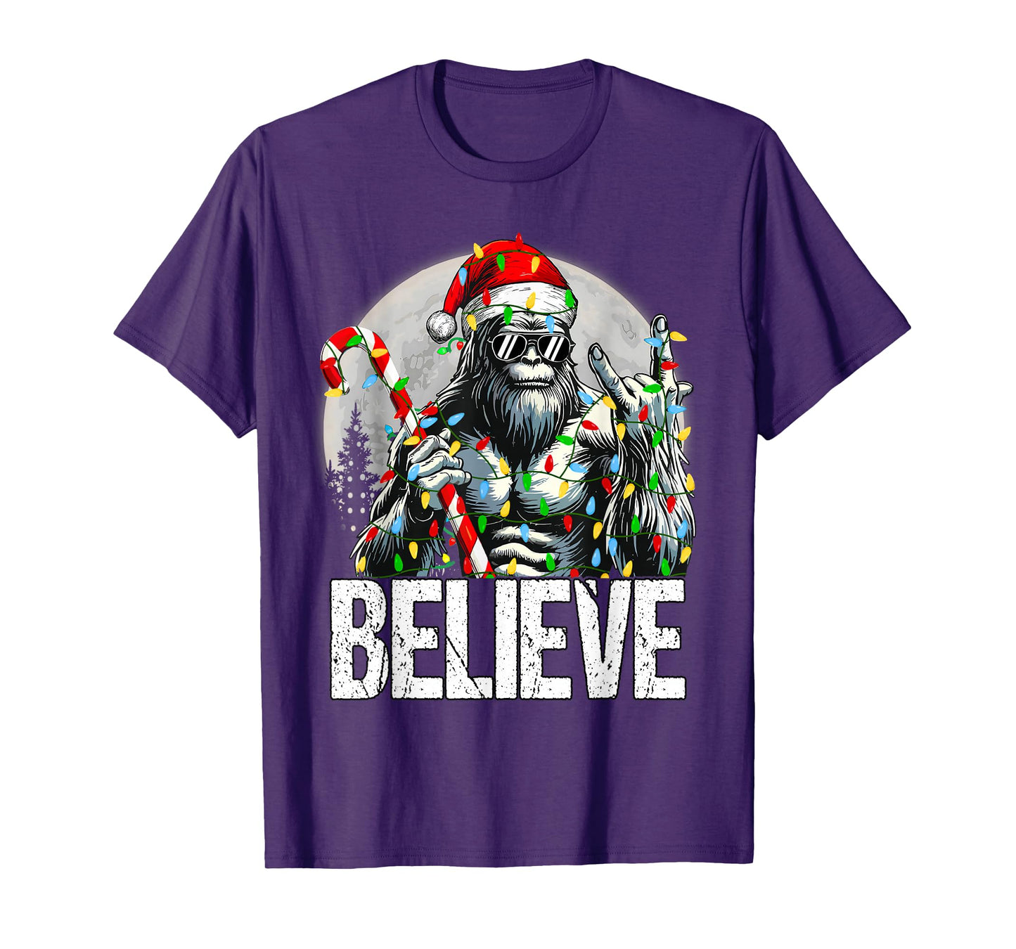 Santa Bigfoot Christmas Lights Funny Sasquatch Believe Xmas T-Shirt