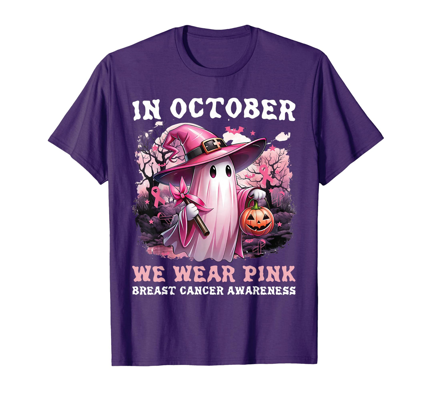 in October We Wear Pink Ghost Witch Breast Cancer Awareness T-Shirt