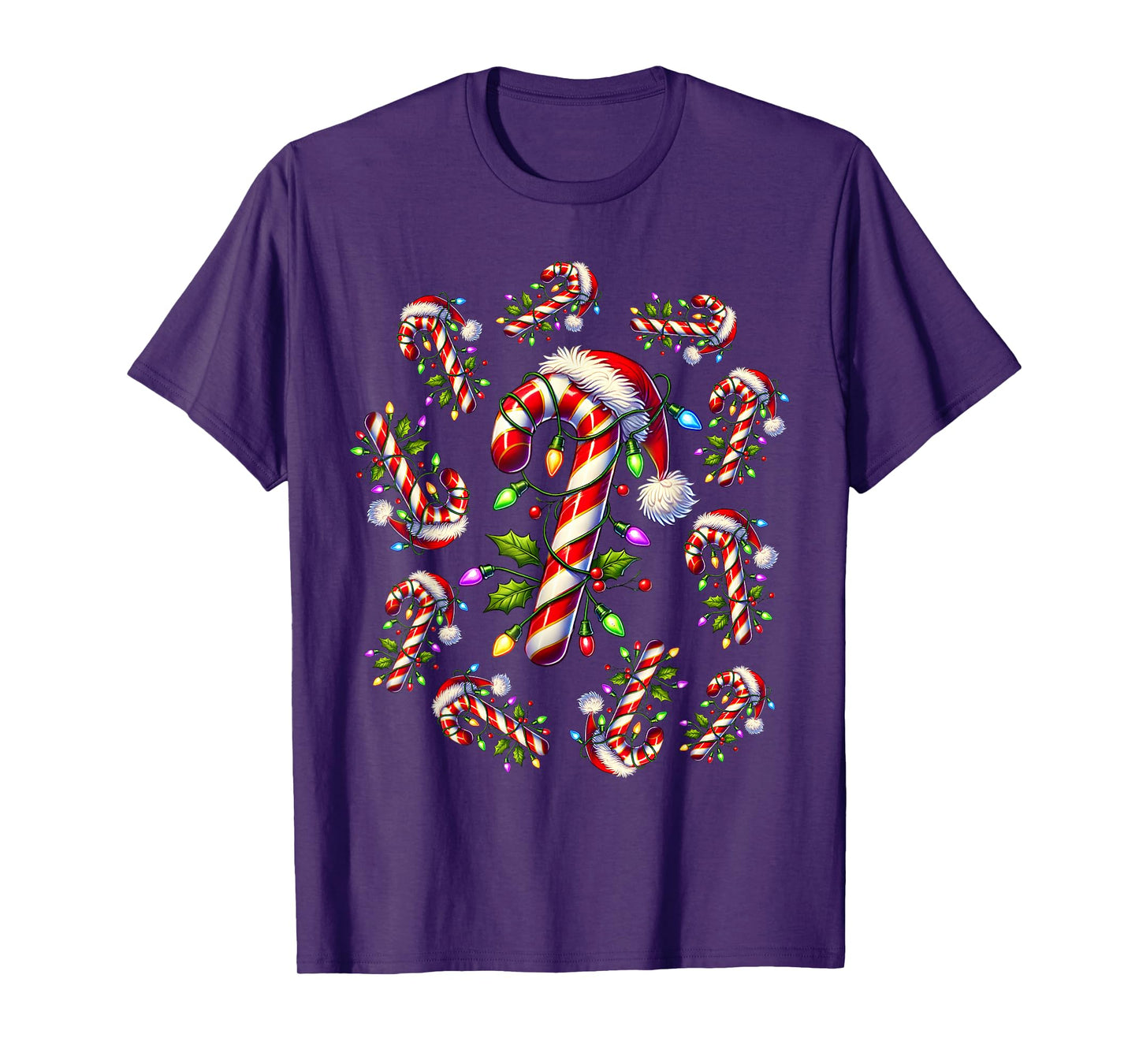 Red and White Candy Cane Santa Christmas Funny Xmas Lights T-Shirt