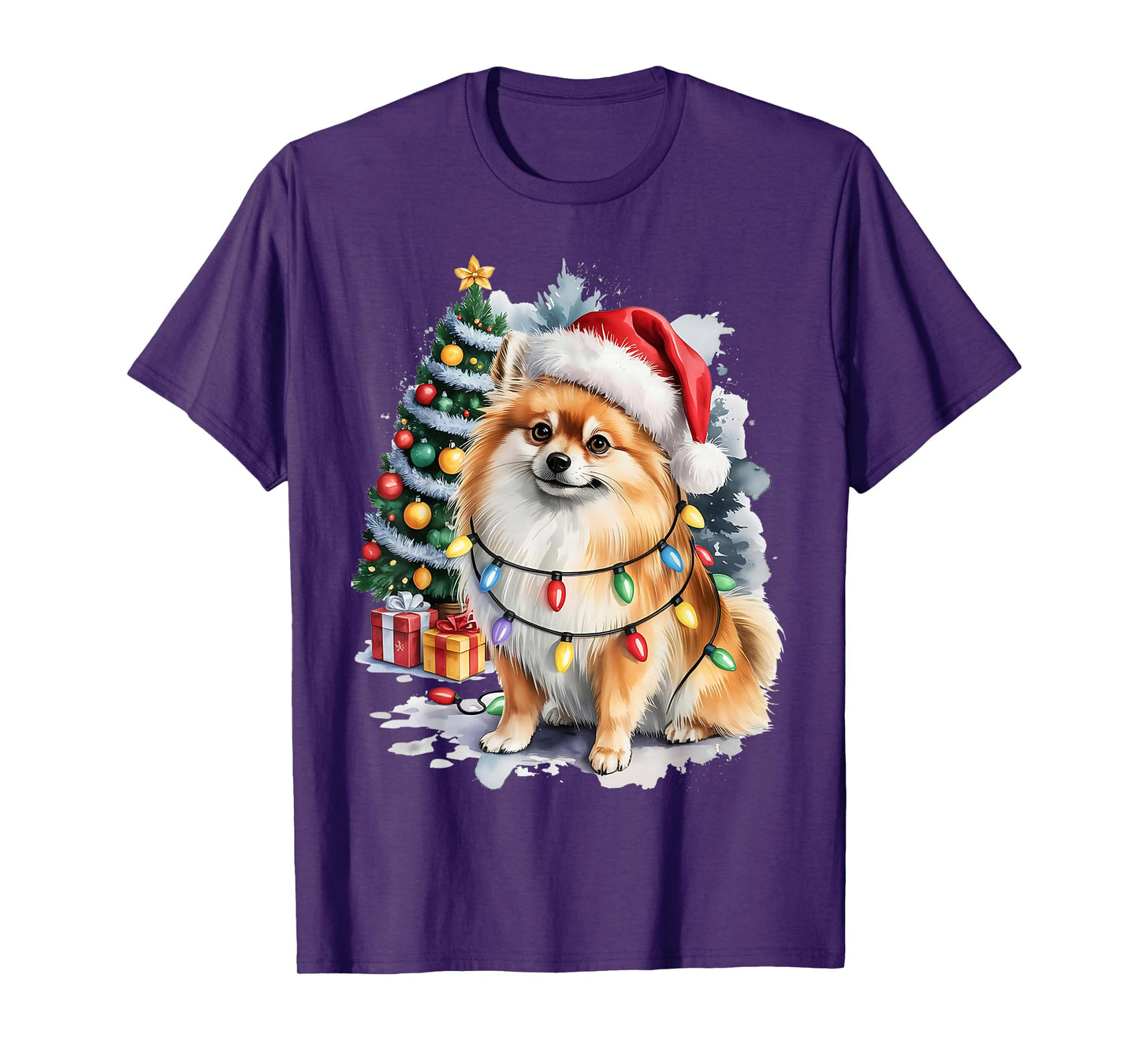 Pomeranian Christmas Dog with Santa Hat and Lights Holiday T-Shirt