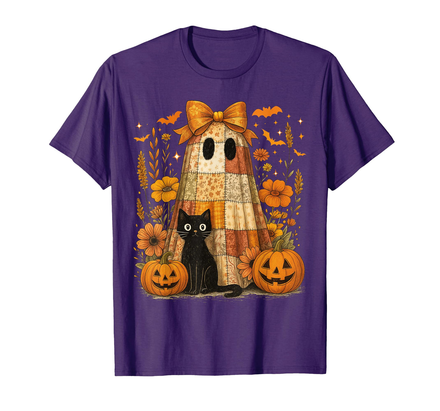 Vintage Halloween Ghost Black Cat Patchwork Floral Women Kid T-Shirt