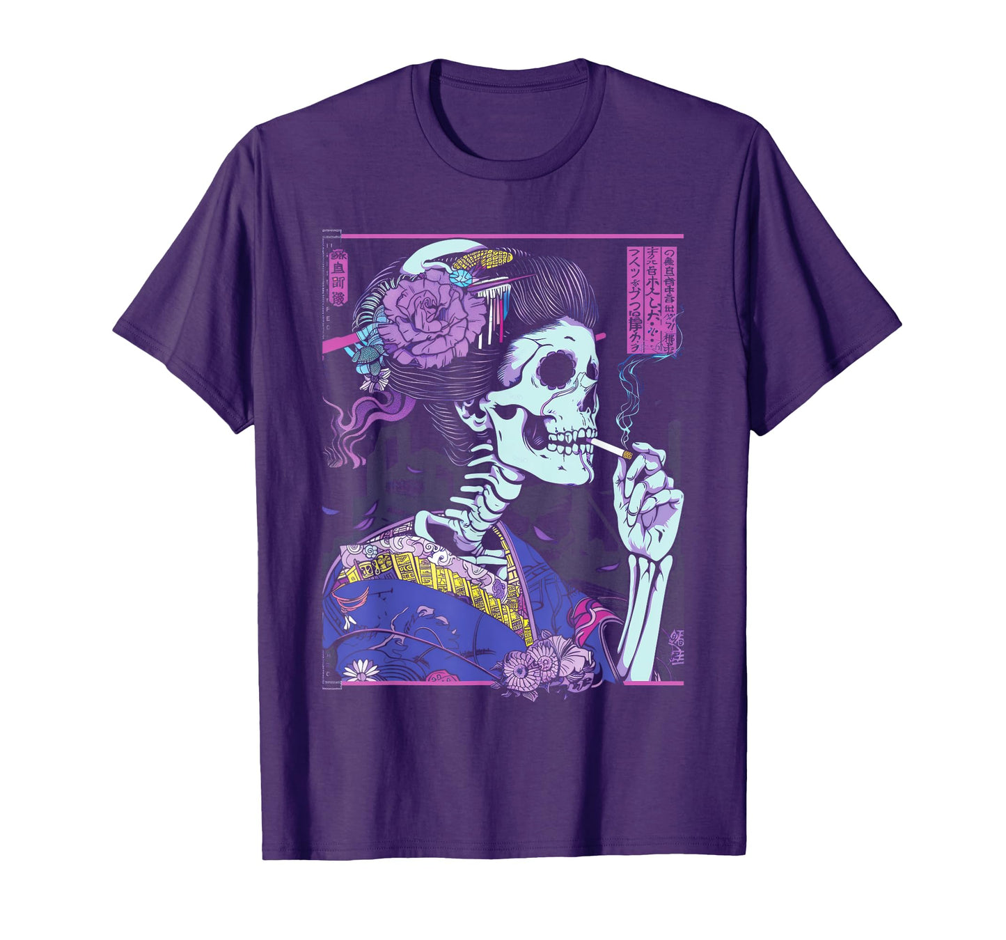 Anime Japanese Goth Cyberpunk City Skull Kimono Vintage T-Shirt