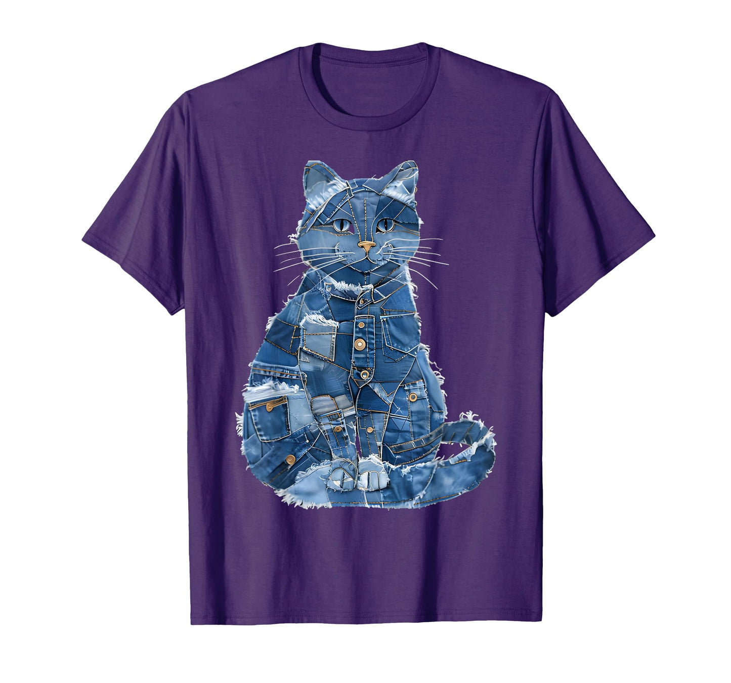 Retro Cat Pattern Denim Patchwork Graphic Art T-Shirt for Men Women