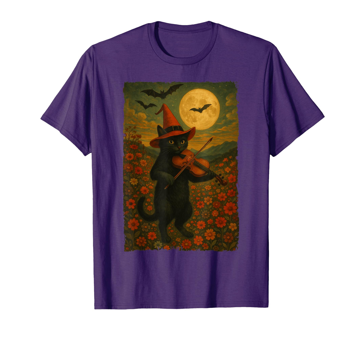 Vintage Halloween Black Cat Playing Violin In A Flower Field T-Shirt