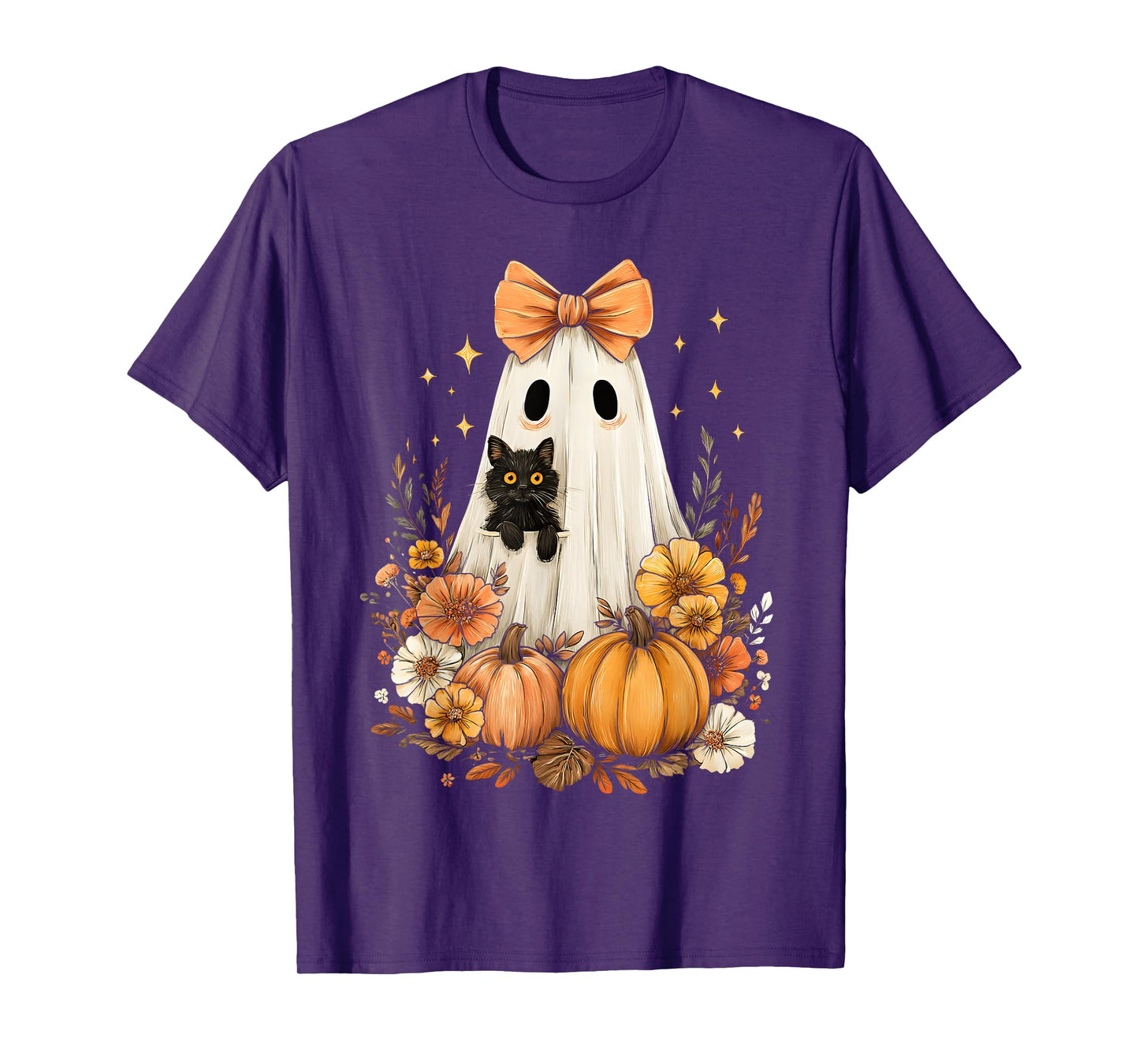 Halloween Vintage Cute Ghost Black Cat Pumpkins Floral T-Shirt