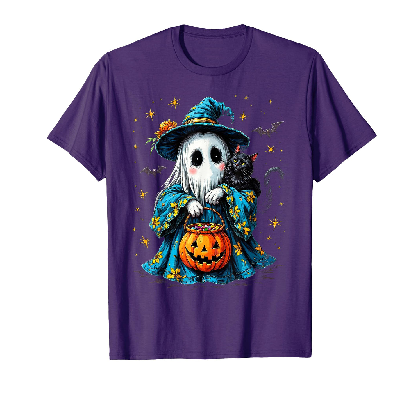 Ghost Holding Black Cat Lover Halloween 2025 Groovy Floral T-Shirt
