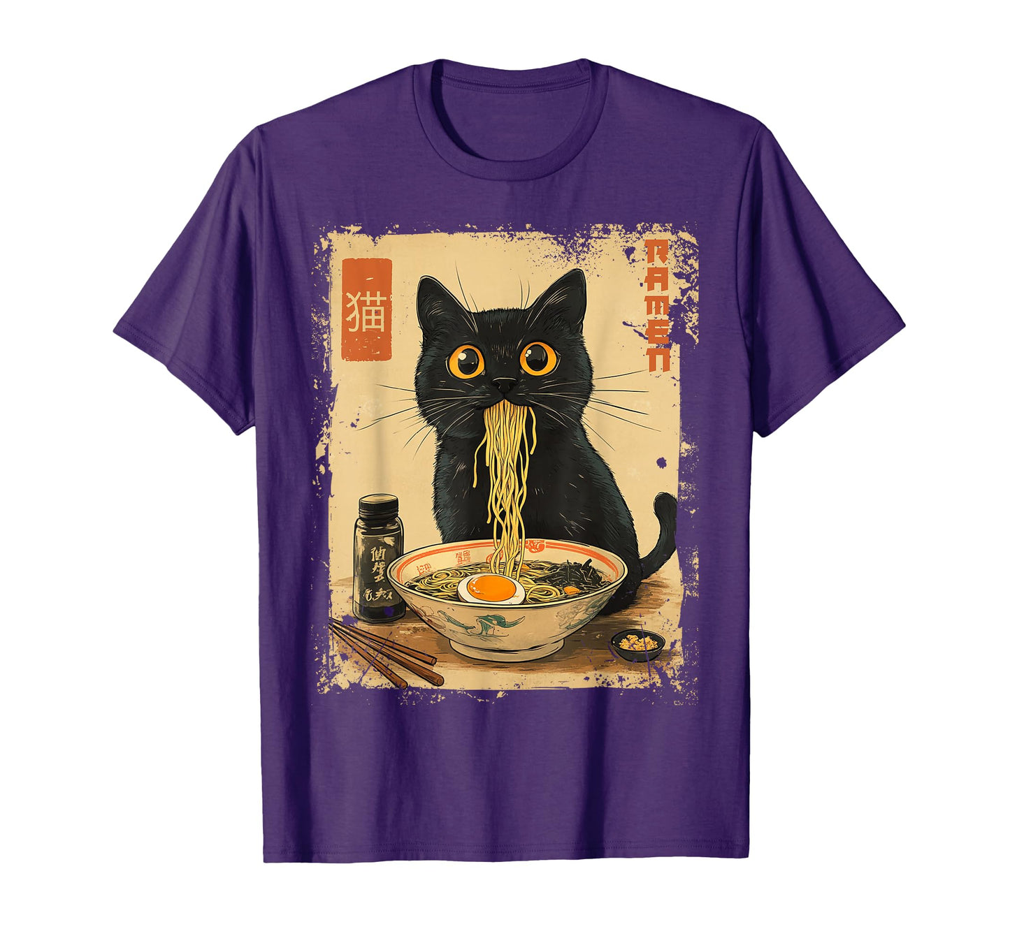 Dirhame Funny Japanese Cat Ramen Anime Kawaii Cat Eating Ramen Noodles T-Shirt, Unisex-Adults, Anime Fans, Girls, Young Females, Black, Small, Short Sleeve, T-Shirt