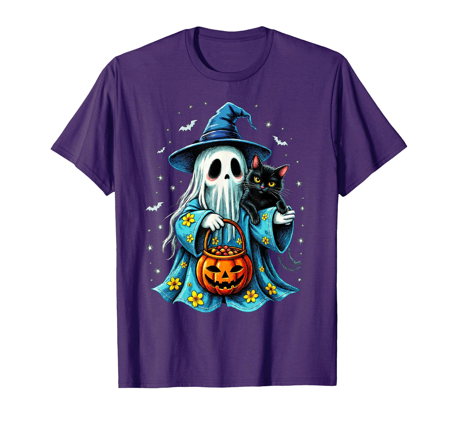 Ghost Holding Black Cat Lover Halloween 2025 Groovy Floral T-Shirt