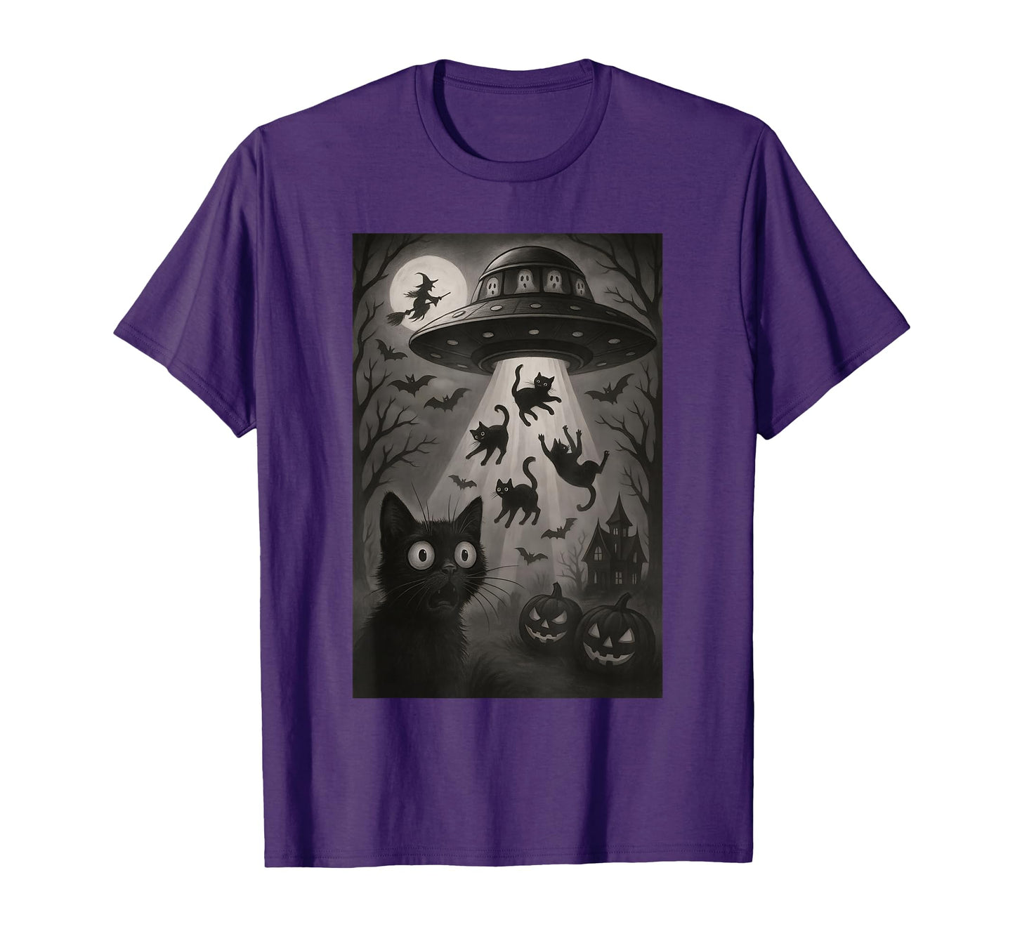 Halloween Cat Selfie Spooky Night Alien Abduction Cats UFO T-Shirt