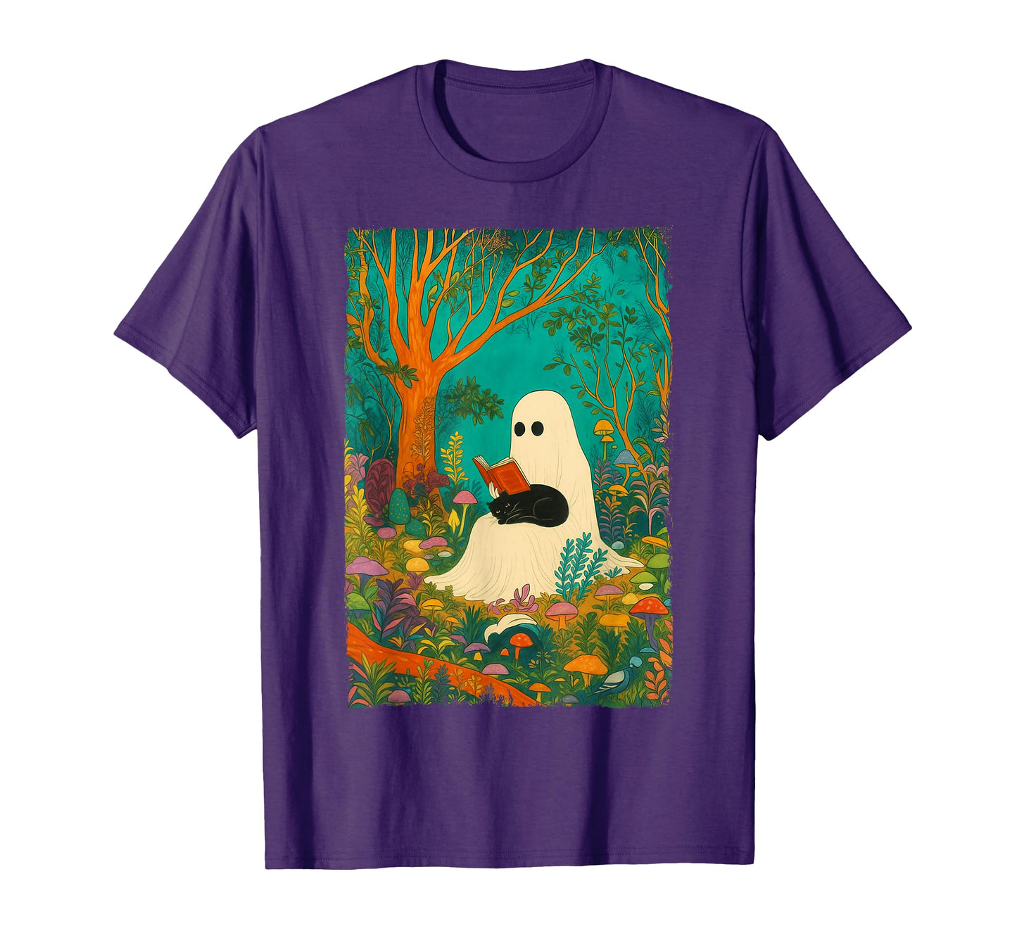 Groovy Ghost Reading Book Black Cat Halloween Ghost Teacher T-Shirt