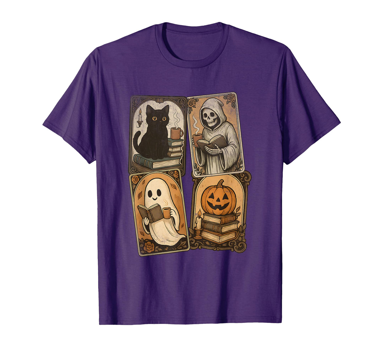Ghost Reading Books Tarot Card Halloween Retro Vintage T-Shirt