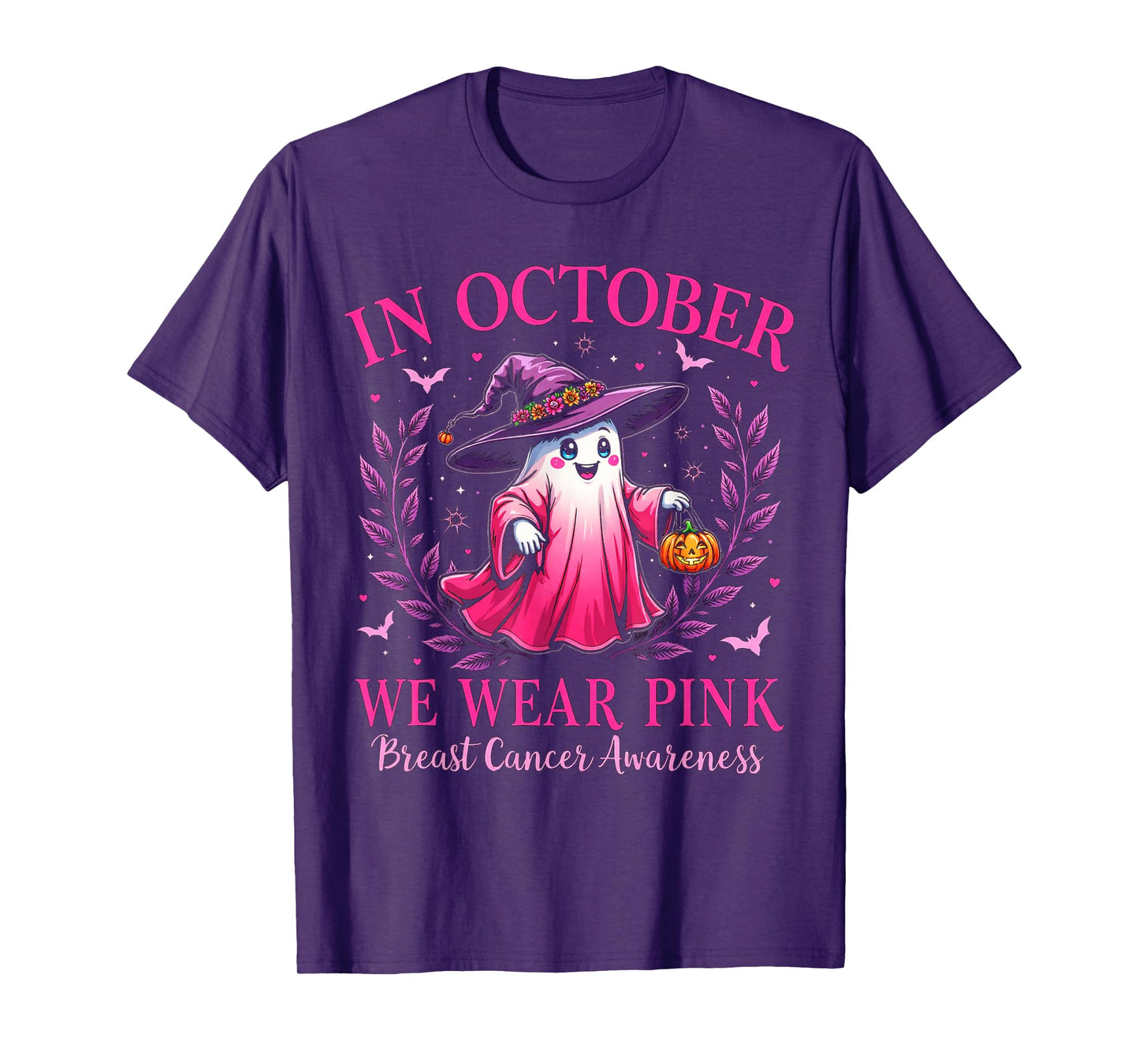 Breast Cancer Awareness 2025 Cute Pink Ghost with Witch Hat T-Shirt