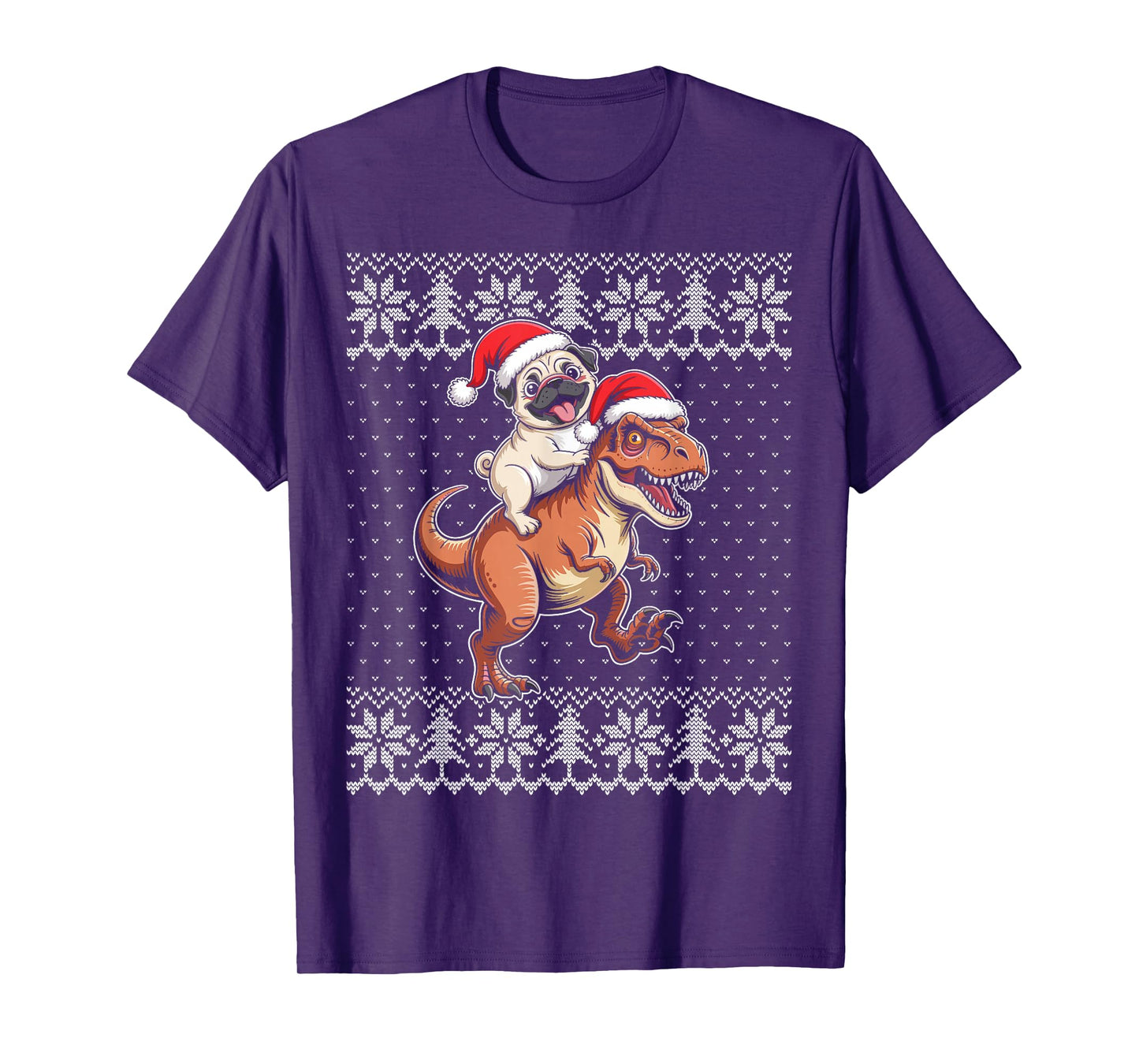 Pug Riding t rex Dinosaur Christmas Ugly Sweater T-Shirt