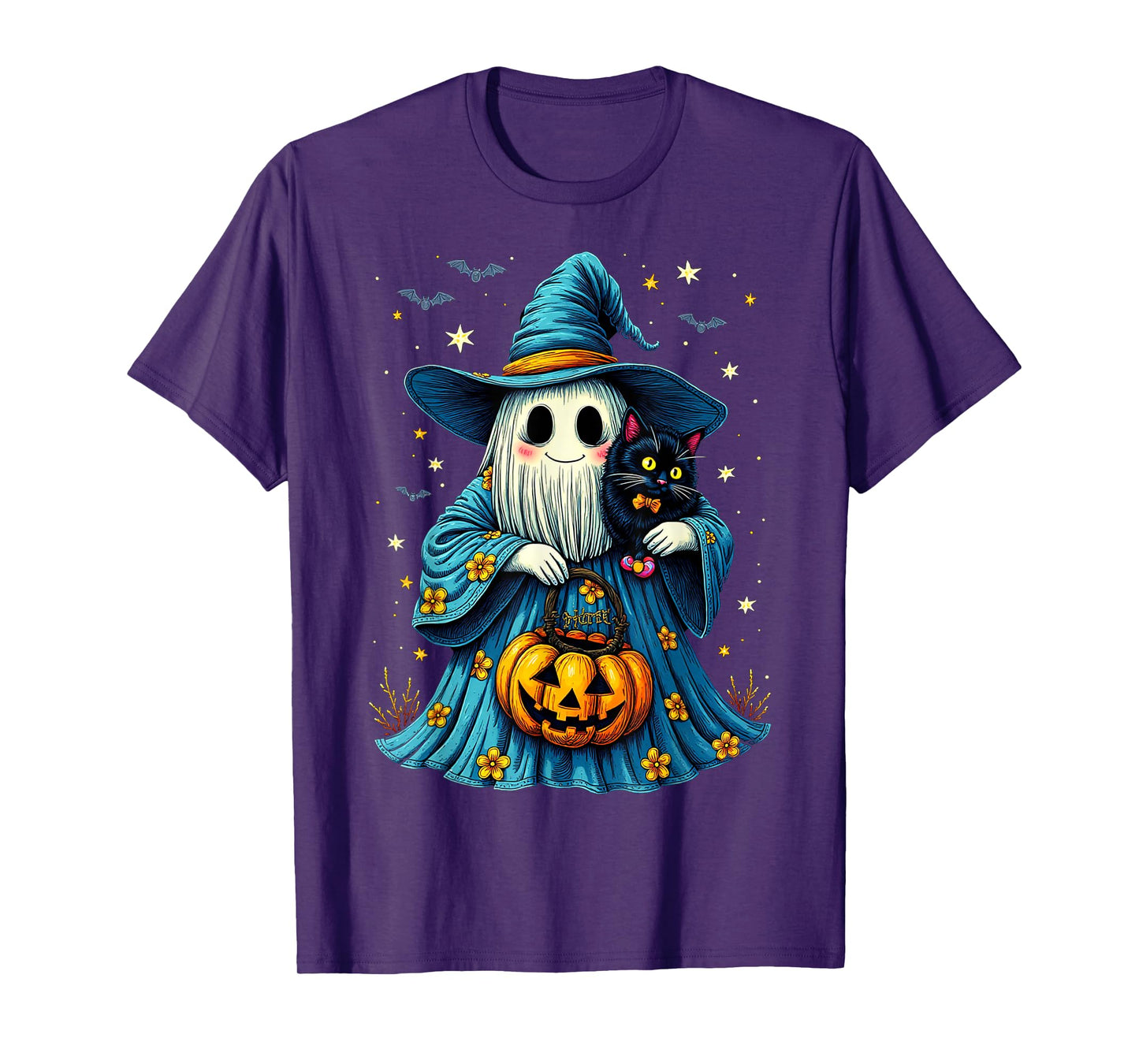 Ghost Holding Black Cat Lover Halloween 2025 Groovy Floral T-Shirt