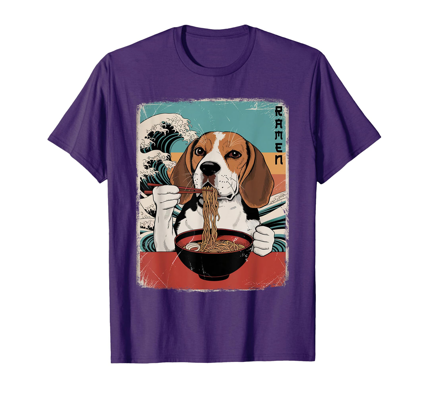 Beagle Eat Ramen Noodles Japanese Art Retro Ocean Waves T-Shirt