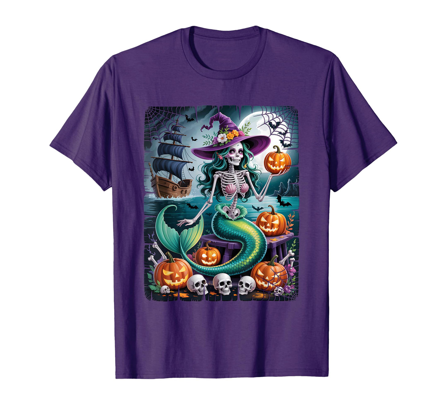 Mermaid Skeleton Witch Hat Halloween Ocean Mermaid Lover T-Shirt